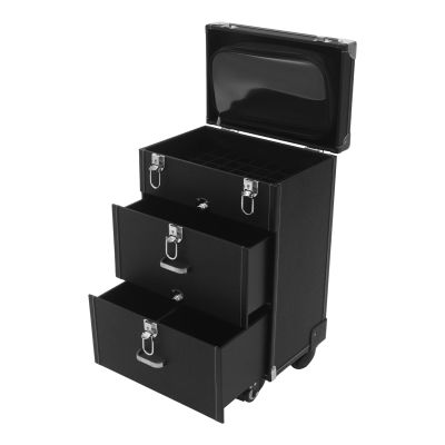 SEANESZTI Rolling Makeup Train Case, 3 in 1 Aluminum Salon Barber Case Traveling Cart Trunk, Makeup Case Cosmetic Trolley Organizer Travel Case, Trolley Professional Cosmetic Organizer Box, Black