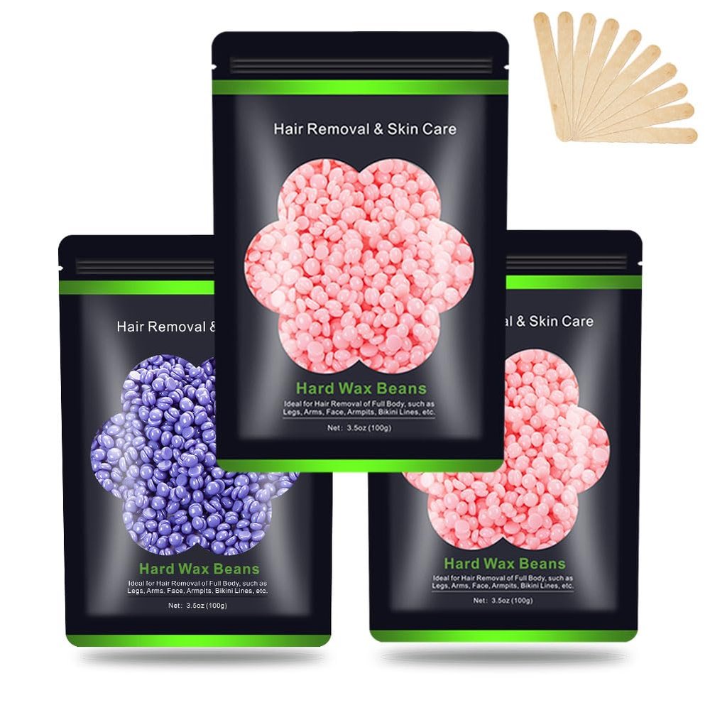 Wax Beads for Hair Removal 10.5oz (300g), Auperwel Hard Wax Beads Beans for Sensitive Skin Brazilian Waxing, Face, Bikini, Eyebrow, Legs, Painless for Women Men, 3 packs Kit with 10 Sticks