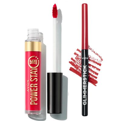 AVON Power Stay Liquid Lip Colour 16 HOURS and Glimmerstick Lip Liner SET! (Resilient Red-Ruby Shock)