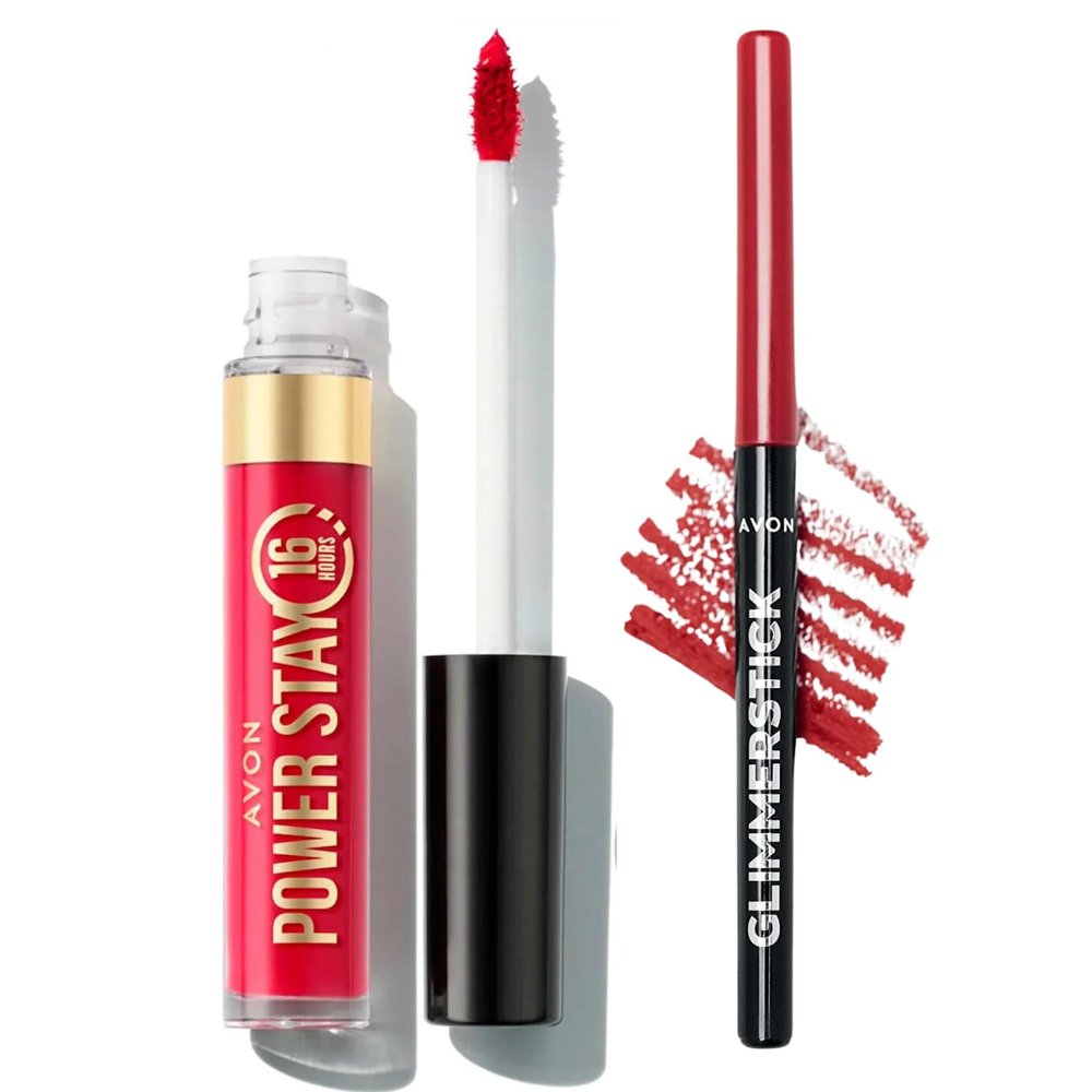 AVON Power Stay Liquid Lip Colour 16 HOURS and Glimmerstick Lip Liner SET! (Resilient Red-Ruby Shock)