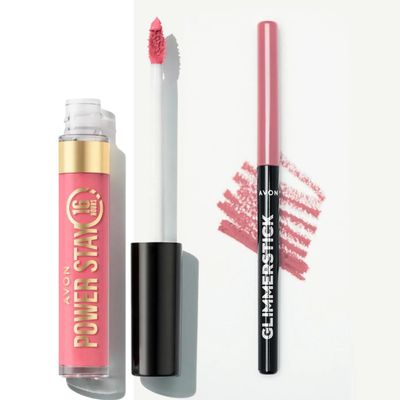 AVON Power Stay Liquid Lip Colour 16 HOURS and Glimmerstick Lip Liner SET! (Persistent Pink-Pink Cashmere)