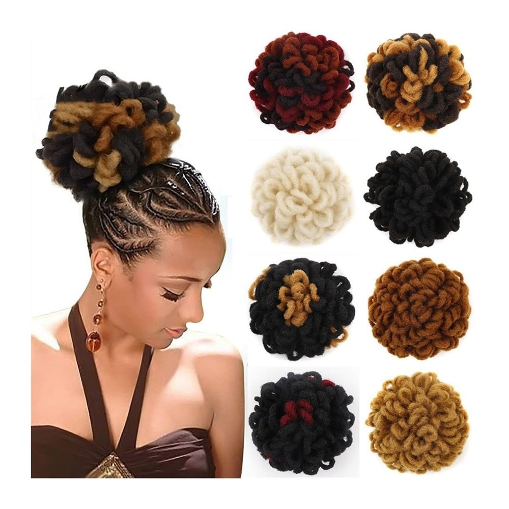 MOOWI Hair Piece Dreadlocks Bun Afro Puff Drawstring Ponytail Hair Bun Hairpieces Braided Chignon Faux Loc Braids Buns Synthetic Clip in Hair Extensions for Women Hair Buns (Color : 99JHBUGH350)