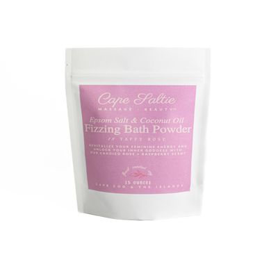 Cape Saltie  Massage Beauty Epsom Salt & Coconut Oil Fizzing Bath Powder in Taffy Rose (1 Bag, 15 oz, 3-5 Soak Experiences) | Soothe Muscles & Aches | Colorful, Aromatic Candy, Rose & Sweet Raspberry