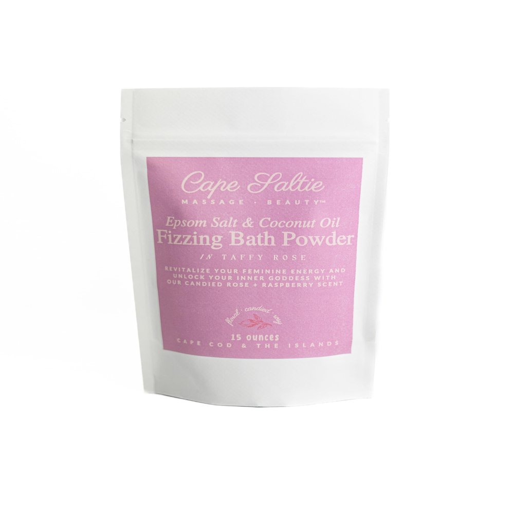 Cape Saltie Massage Beauty Epsom Salt & Coconut Oil Fizzing Bath Powder in Taffy Rose (1 Bag, 15 oz, 3-5 Soak Experiences) | Soothe Muscles & Aches | Colorful, Aromatic Candy, Rose & Sweet Raspberry