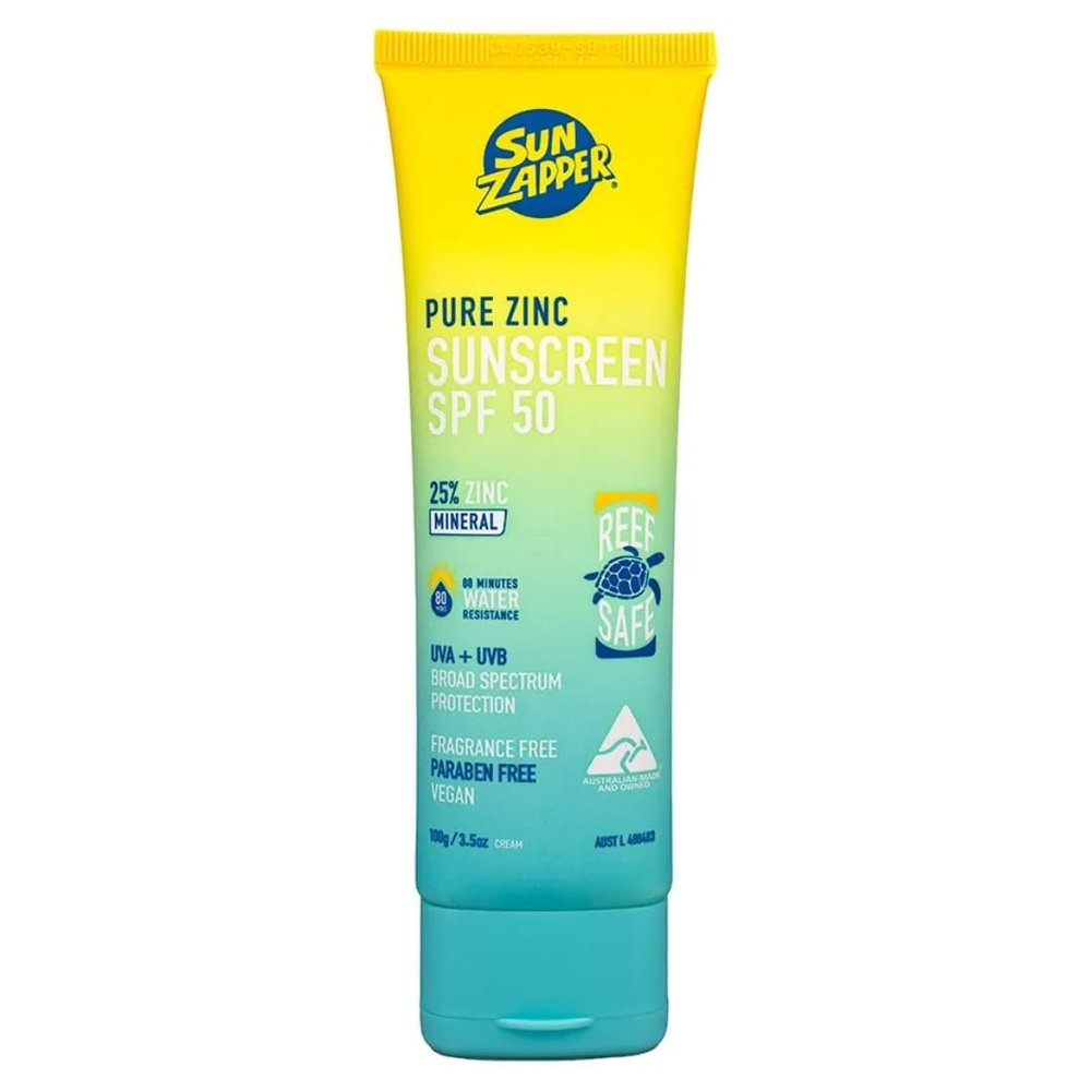 Sun Zapper Pure Zinc Sunscreen SPF 50  Organic Mineral Sunscreen for Face and Body, 25% Non-Nano Zinc Oxide, Reef Safe, Water Resistant, Broad Spectrum, Vegan, 100g (3.5 oz) Tube, Australian Made