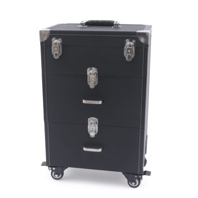 CHALIGHT Professional Rolling Makeup Case Train Case Cosmetic Organizer Trolley Lockable Rolling Make-ups Case Storage Cart Makeup Train Case Cosmetology Case On Wheels (Black|3 trays|Type C)