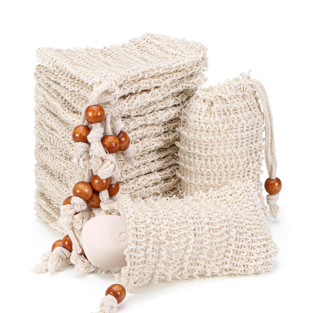 20 Pack Soap Exfoliating Bag, Natural Sisal Soap Saver Bag with Drawstring, Soap Saver Bag with Wooden Bead, Exfoliating Soap Bag for Shower