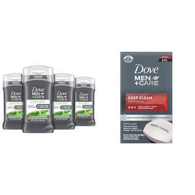 DOVE MEN + CARE Deodorant Stick for Men Extra Fresh 4 Count Aluminum Free 72-Hour Odor Protection & Body Soap and Face Bar More Moisturizing Than Bar Soap Deep Clean Effectively Washes Away Bacteria