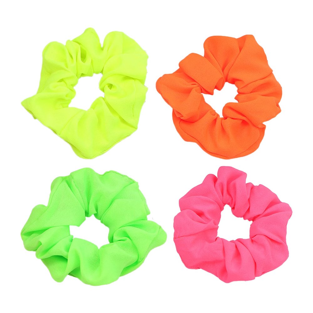 Neon Scrunchies for Hair 80s 90s, 4Pcs Silk Satin Scrunchy Hair Elastics Ties Scrunchies Hair Elastics Bands Ponytail Holder Neon Hair Accessories for Women Girls 80s 90s Party Outfit