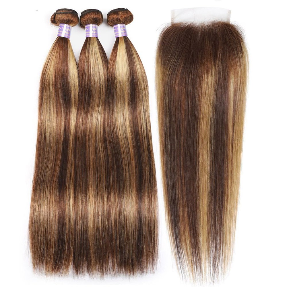 3 Bundles with Lace Closure, Ombre Highlight Straight Hair Free Part Human Hair Extensions P4/27(Brown,12 12 12)