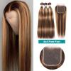 3 Bundles with Lace Closure, Ombre Highlight Straight Hair Free Part Human Hair Extensions P4/27(Brown,12 12 12) view 2