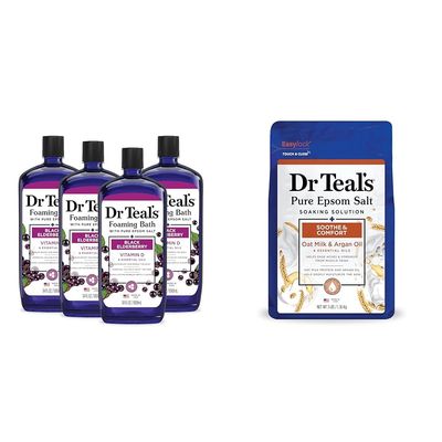 Dr Teal's Foaming Bath with Pure Epsom Salt, Black Elderberry with Vitamin D, 34 fl oz (Pack of 4) (Packaging May Vary) & Pure Epsom Salt Soak, Soothe & Comfort with Oat Milk & Argan Oil, 3 lbs
