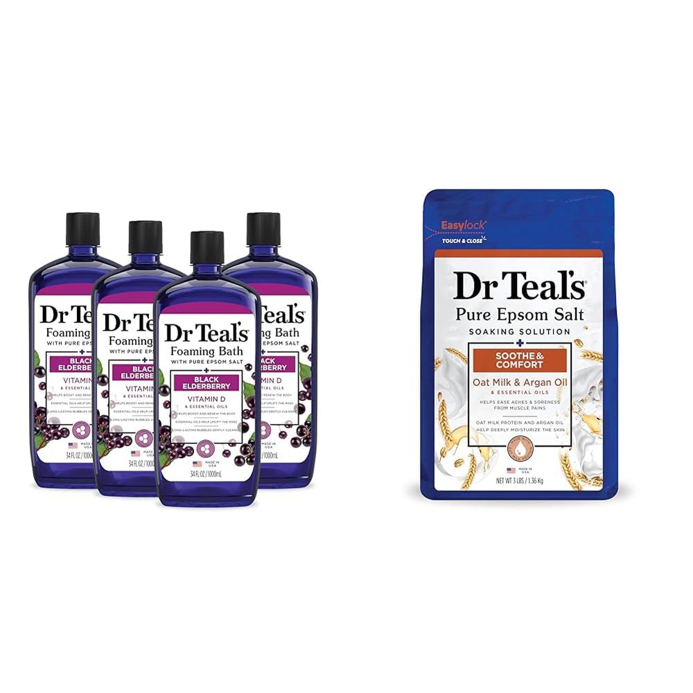 Dr Teal's Foaming Bath with Pure Epsom Salt, Black Elderberry with Vitamin D, 34 fl oz (Pack of 4) (Packaging May Vary) & Pure Epsom Salt Soak, Soothe & Comfort with Oat Milk & Argan Oil, 3 lbs