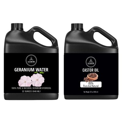 Naturevibe Botanicals Geranium Water 32 oz and Castor Oil 32 oz | 32oz Carrier Oils Combo