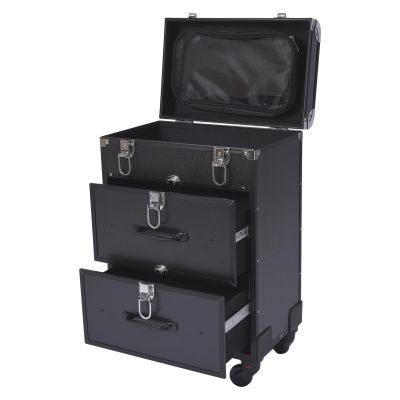 DONSU Rolling Makeup Train Case 3 Layers Professional Cosmetic Trolley Organizer Travel Case,Salon Barber Case Traveling Cart Trunk for Make-Up Artists, Hairdressers, Nail Technicians (Black)