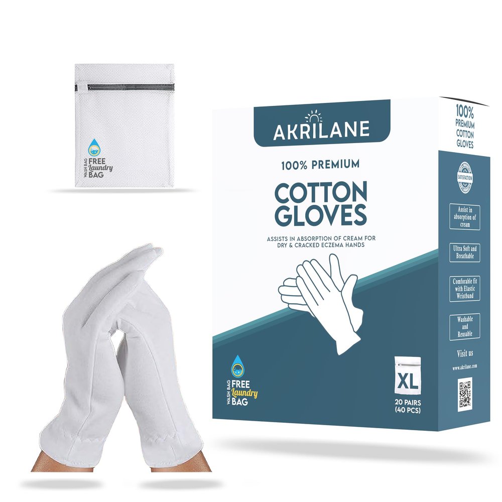 AKRILANE XL Extra Large 20 Pairs Cotton Moisturizing Gloves for Dry Hands | Eczema, Psoriasis & Skin Spa Treatment for Women & Men | Washable & Reusable with Free Laundry Bag