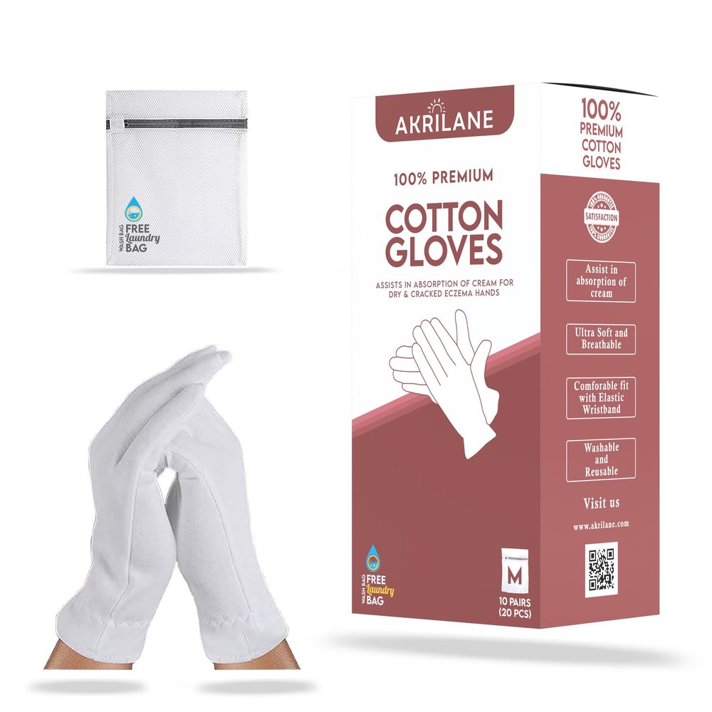 M Medium 10 Pairs 100% Premium Cotton Gloves for Dry Hands | Moisturizing Overnight Gloves for Eczema, Psoriasis & Skin Spa Treatment for Women & Men | Washable & Reusable with Free Laundry Bag