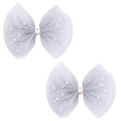 2 PCS Pearl Hair Bows Hair Clips for Toddler Girls - Elegant Ivory Lace Veil Hair Accessories for Birthday, Wedding, Halloween, Thanksgiving, and Christmas Occasions(Grey)