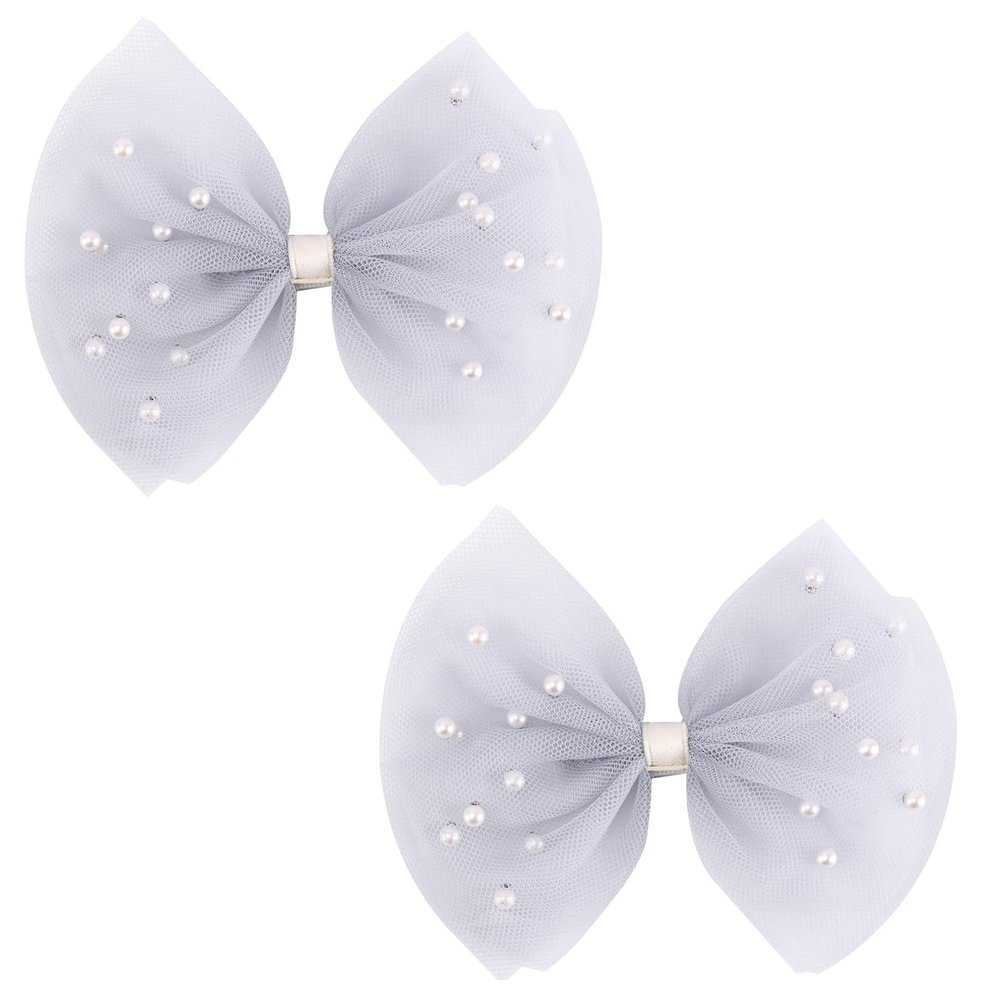 2 PCS Pearl Hair Bows Hair Clips for Toddler Girls - Elegant Ivory Lace Veil Hair Accessories for Birthday, Wedding, Halloween, Thanksgiving, and Christmas Occasions(Grey)