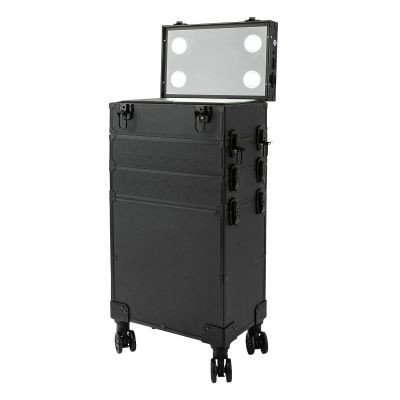 GXFCHYL 5 Tiers Rolling Makeup Train Case Makeup Suitcase with Adjustable LED Lighted Mirror & Detachable Wheels Salon Barber Box Traveling Cart Trunk for Artist Nail Tech Hairstylists (5 Tires)