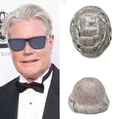 Lace Front Mens Toupee French Lace with Poly Human Hair System For Men Natural Hairline Mens Hair Replacement System Bleached Knots7"X9"#1B90 Off Black with 90% gray -90% density