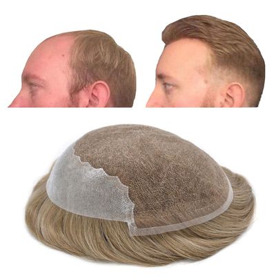 Lace Front Mens Toupee French Lace with Poly Human Hair System For Men Natural Hairline Mens Hair Replacement System Bleached Knots7"X9"#20 Light Ash Blonde-110% density