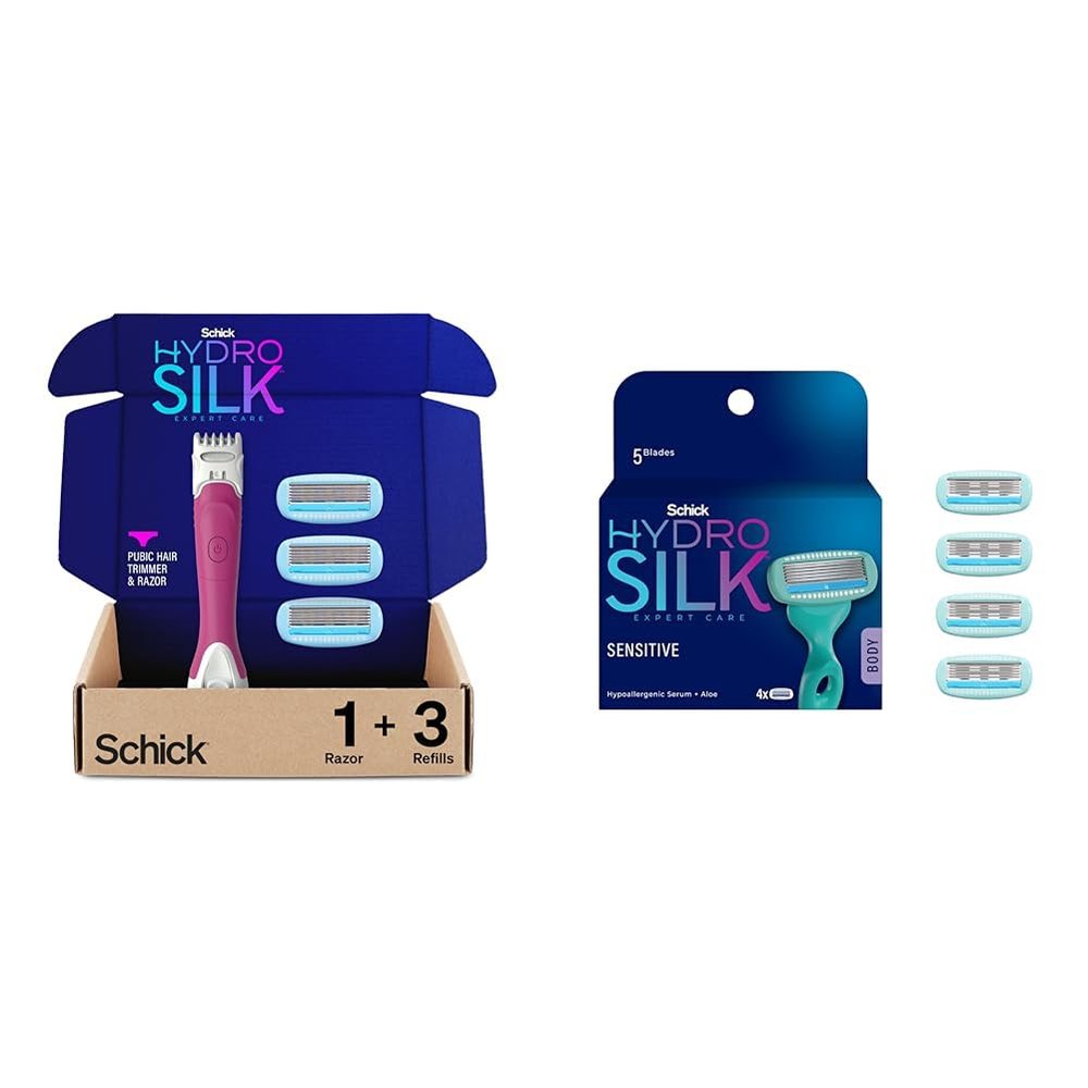 Schick Hydro Silk Trimstyle Bikini Razors with Trimmer |5 Blade for Women, Hair Removal | 1 Handle & 3 Razor Blade Refills & Moisturizing Razor Blade Refills for Women with Shower Hanger, 4 Count