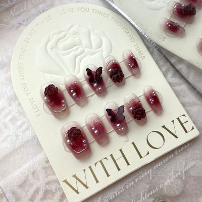 LGJYFI Handmade nail patches spicy girl wine red butterfly fake nails wearing nail patches for whitening Long manicure (Size : Short ladder, Color : L)