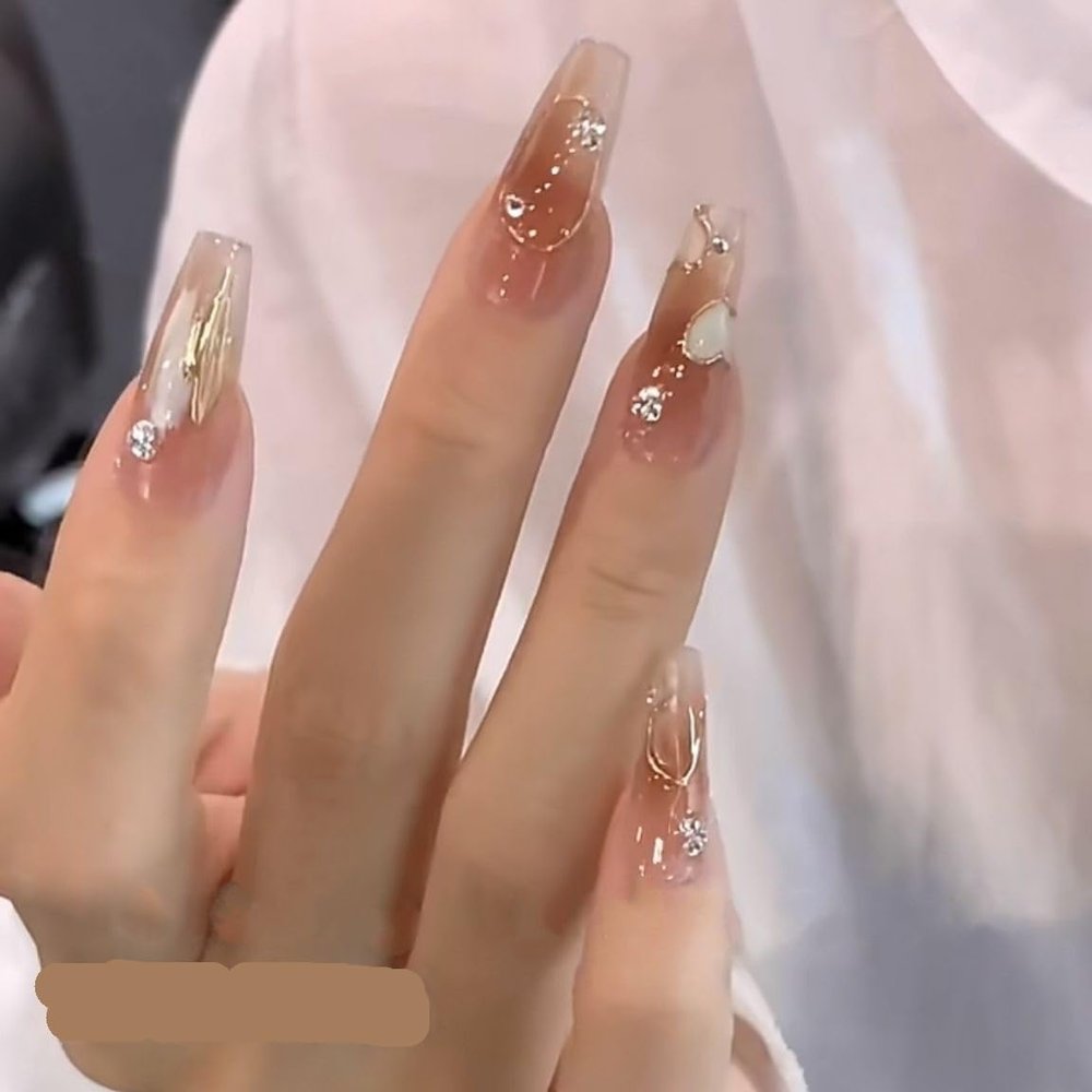 LGJYFI Handmade nail art, wearing fake nail patches, light luxury, love gradient halo dye, sparkling diamond long style (Size : S)