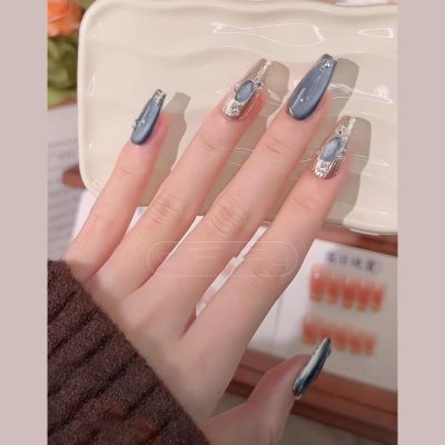 Handmade manicure finished fake nail patches blue cat eye long style wearing nails reusable (Size : L)