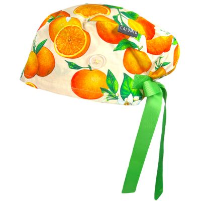 CALOMED Scrub Cap for Women and Men, Euro Style Scrub Caps, with Ribbon Ties & Buttons, Long or Short Hair (Oranges on Peach)