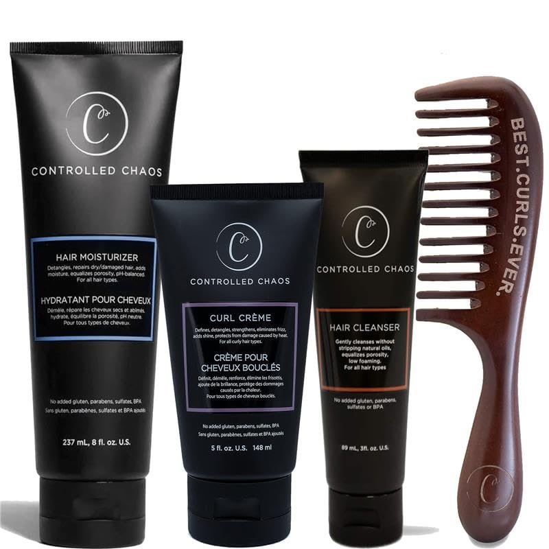 Controlled Chaos Bundle of Curl Cream, Deep Cleansing Shampoo, Moisturizing Conditioner, & Wide Tooth Comb - Shark Tank Featured Products for Frizz-Free, Curly Hair