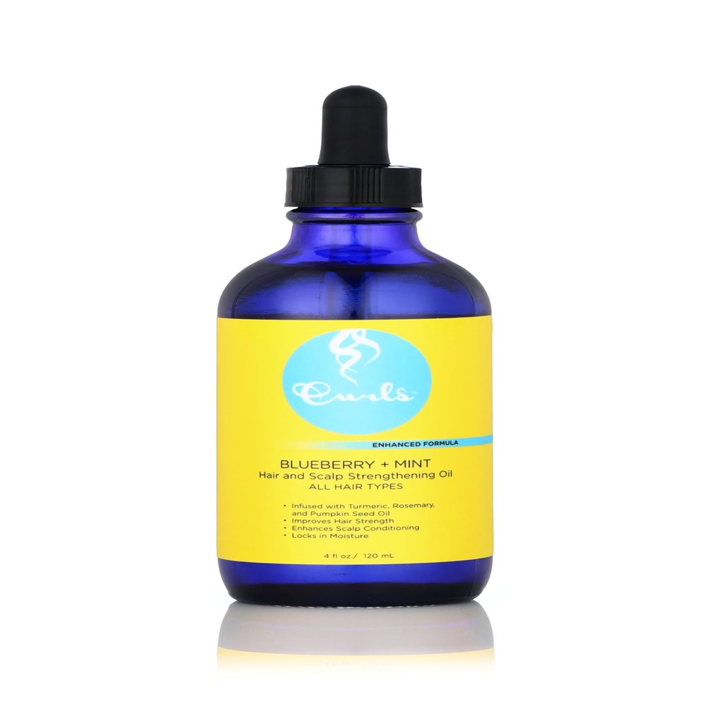 Curls Blueberry Bliss Blueberry & Mint Hair and Scalp Strengthening Oil - 4 oz, Root-Penetrating Hair Oil with Turmeric, Rosemary & Pumpkin Seed Oil, Hair and Scalp Treatment Oil, All Hair Types