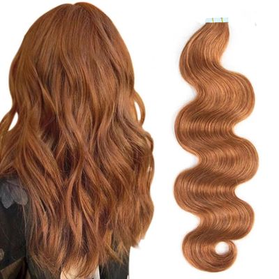 Body Wave Tape in Hair Extensions Human Hair, 30 Auburn Brown 18 Inch 100g/40pcs Wavy Human Hair Tape in Extensions Double Sided Reusable PU Skin Weft