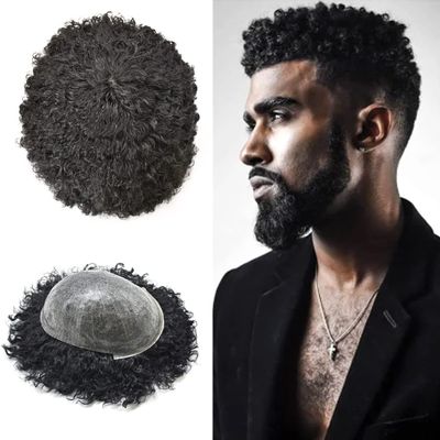 10Inch Afro Toupee For Black Men Human Hair Replacement System Full Poly Mens Toupee Skin PU Hair Piece For African American Men Hair Units Wigs (#1B Off Black-Afro Curl 10mm)
