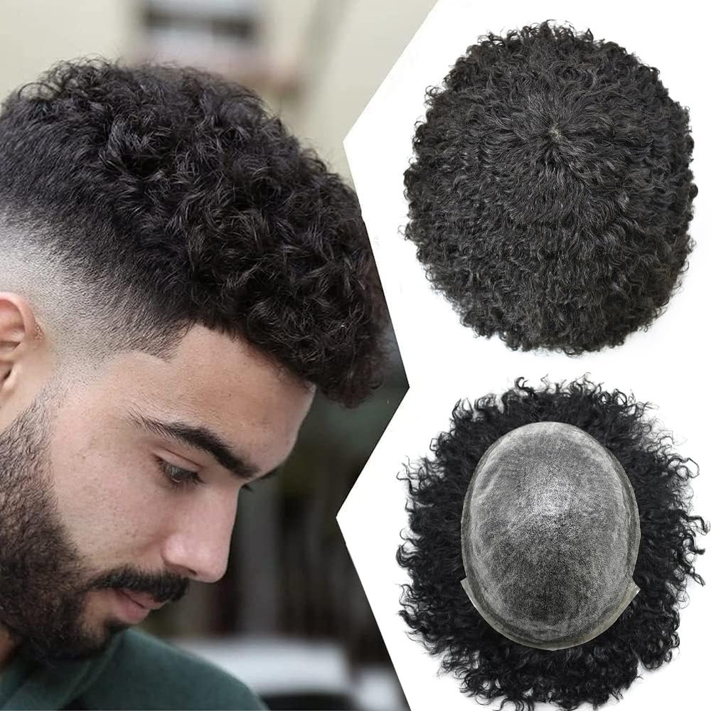 10Inch Afro Toupee For Black Men Human Hair Replacement System Full Poly Mens Toupee Skin PU Hair Piece For African American Men Hair Units Wigs (#1 Jet Black-Afro Curl 10mm)