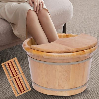 Foot Bath Barrel Wood Solid Foot Wood Basin, Foot Bath Soak Tub Wooden Foot Basin Solid Cedar Wood Foot Massager Spa with Lid, Massage Roller Foot Soaking Tub Home Foot Washing Bucket
