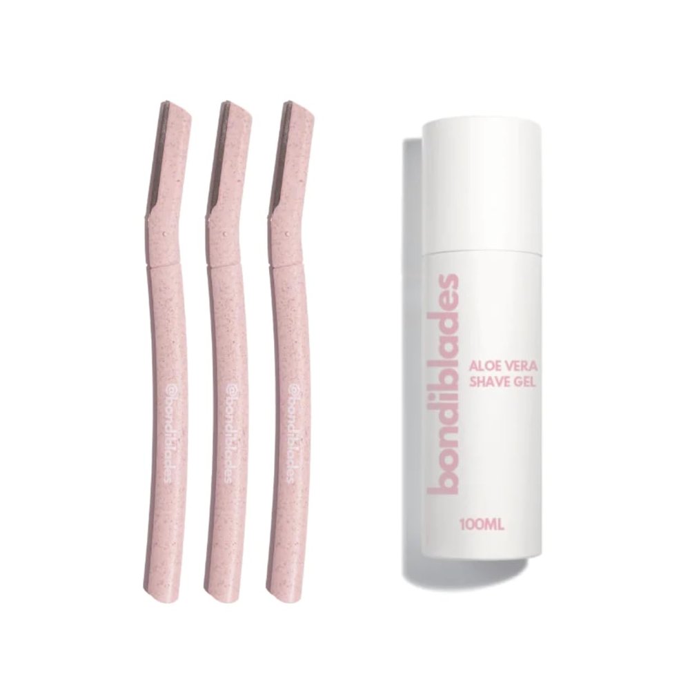 BONDI BLADES - Starter Kit - 3 Pack Dermaplaning Razors & Aloe Vera Shave Gel - Dermaplane Razor - Eyebrow Razor - Dermaplaning tool for Face - Facial Razor for Women - Peach Face Remover