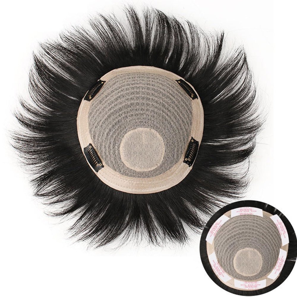 Clip in Toupee for Men, Human Hair Short Toppers Hairpiece with Toupee Tape for Hair Loss Male Daily(Nature,16 * 18cm)