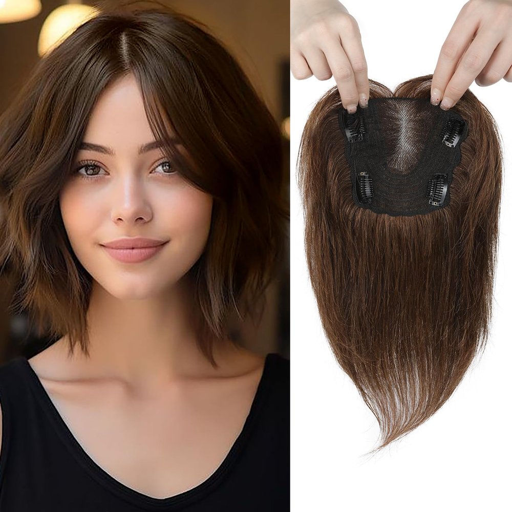 REECHO Real Human Hair Topper, 10 inch Women Hair Toppers for Thinning Hair, 100 Percent Human Hair Large Coverage Natural Hairpiece Wiglet, Butterfly Base 5"x4.8", Medium Brown