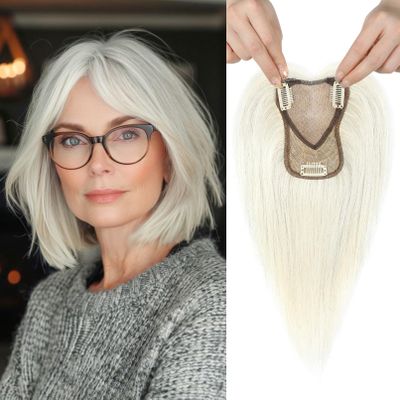 REECHO Real Human Hair Topper, 10 inch Women Hair Toppers for Thinning Hair, 100 Percent Human Hair Large Coverage Natural Hairpiece Wiglet, Swiss Base 4.5"x3.5", Yellow White