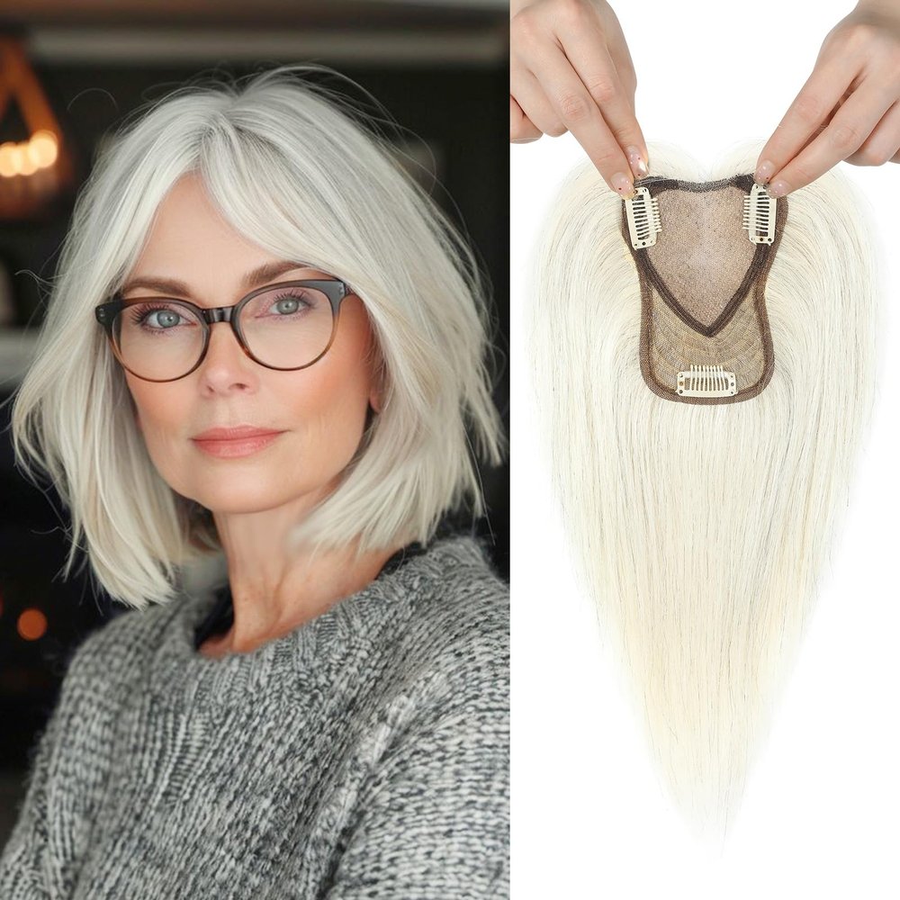REECHO Real Human Hair Topper, 10 inch Women Hair Toppers for Thinning Hair, 100 Percent Human Hair Large Coverage Natural Hairpiece Wiglet, Swiss Base 4.5"x3.5", Yellow White