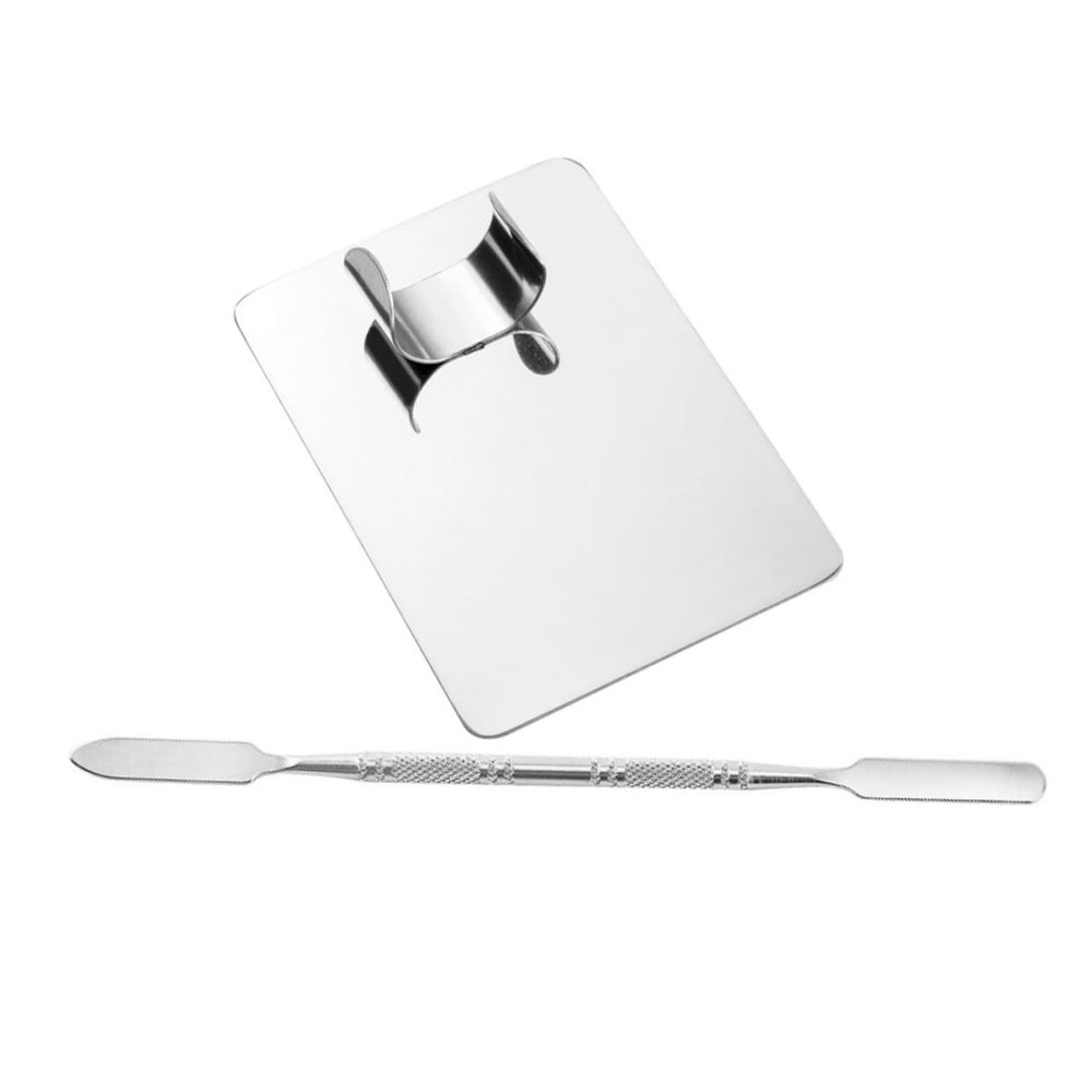 Ipetboom Makeup Mixing Palette Ring for Comfortable to Hold Stainless Steel Tray Spatula Set for Nail Pigments Blending