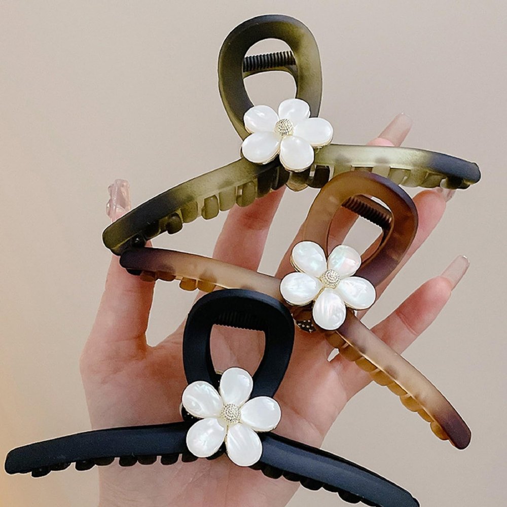 3Pcs Flower Claw Clips,Large Grip Clip Women's Matte Green Flower Back Head Spoon Clip Headpiece Hair Clip