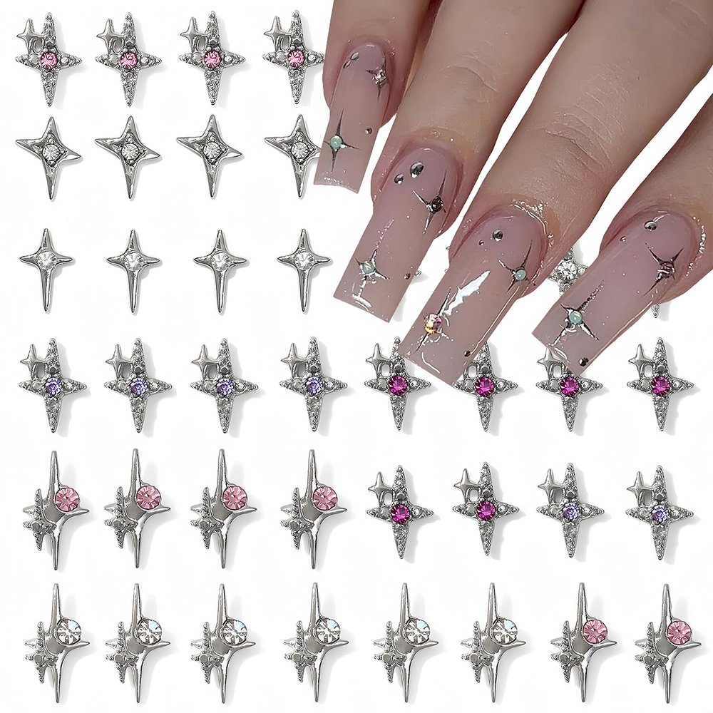 40PC 3D Silver Star Nail Charms, Alloy Crystal Rhinestones for Acrylic Nails, DIY Nail Art Supplies for Women