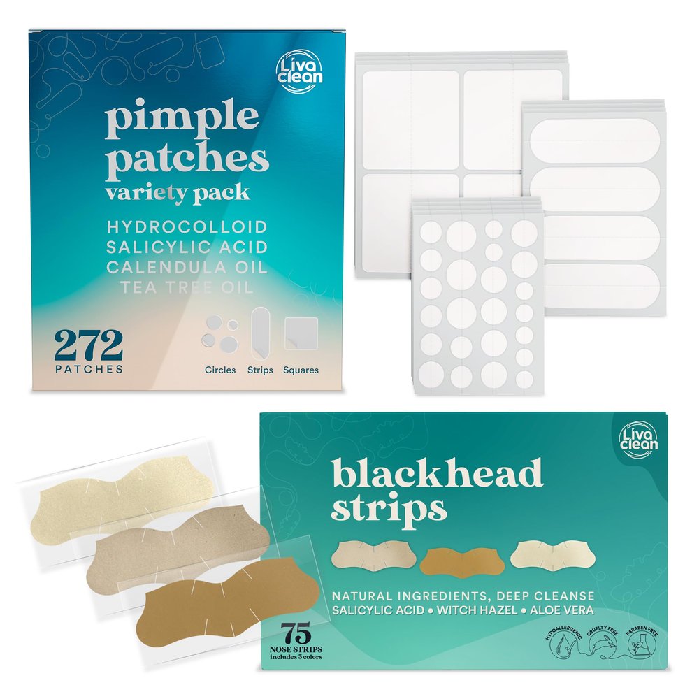 LivaClean (272 + 75 CT) Pimple Patches Variety Pack & Blackhead Remover - Pimple Patches Large, Large Acne Patch for Face, Acne Patch XL, Pore Strips for Face Nose Pores Blackheads Removal