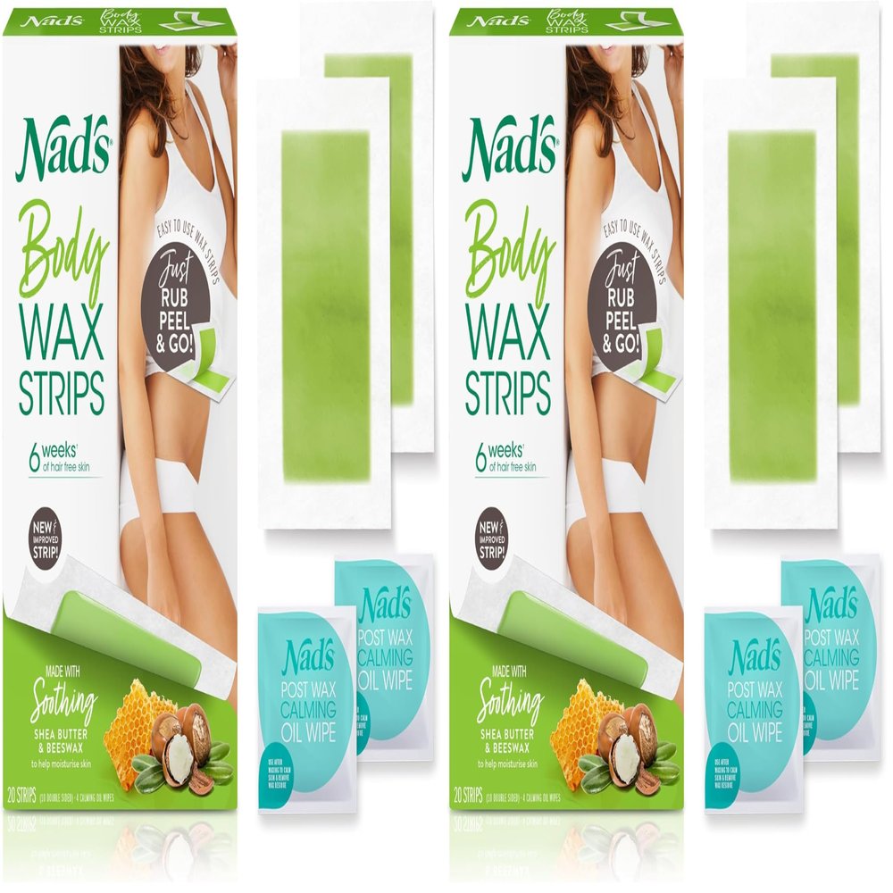 Nad's Body Wax Strips Hair Removal For Women All Skin Types, 20 Waxing Strips + 4 Calming Oil Wipes (Pack of 2)