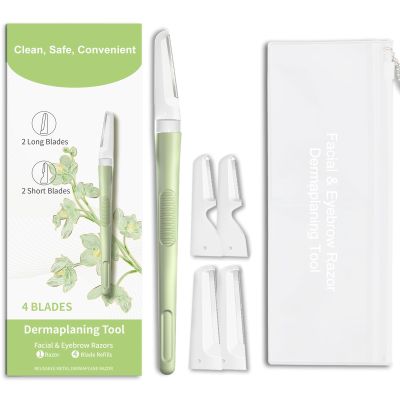 Dermaplane Razor for Women Face, Precision Face Razors for Women, Dermaplaning Tool, Gentle Exfoliation, Facial Hair Removal and Perfectly Shape Brows, Reusable Metal Handle with 4 Microblades, Green
