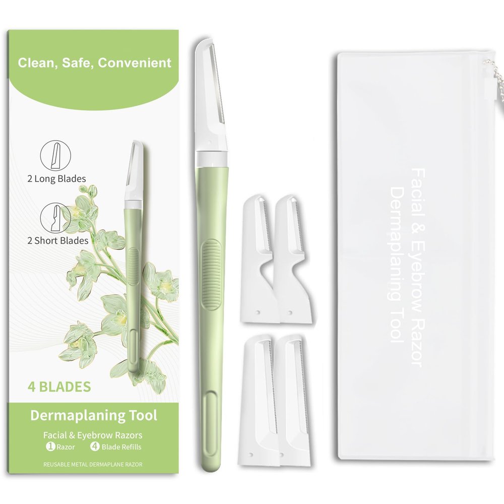 Dermaplane Razor for Women Face, Precision Face Razors for Women, Dermaplaning Tool, Gentle Exfoliation, Facial Hair Removal and Perfectly Shape Brows, Reusable Metal Handle with 4 Microblades, Green