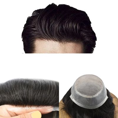 Fine Mono Mens Toupe Remy Human Hair System Clear Poly Skin Around Hairpiece Monofilament Wig Durable PU Hair Replacement (#1B30 Natural Black With 30% Gray, 6''x8' 120% Light Medium Density)